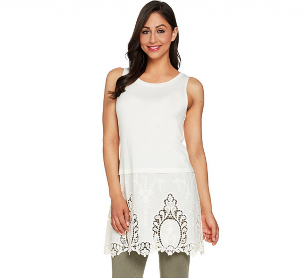LOGO by Lori Goldstein Long Solid Tank w/ Embroidered Panel at Hem